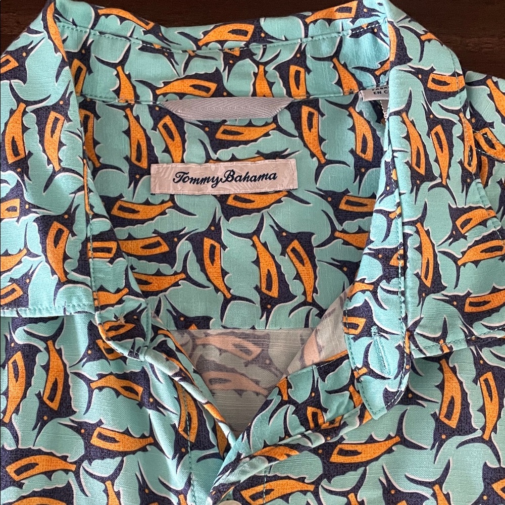 Tommy Bahama Teal and Orange Leaf Print Shirt